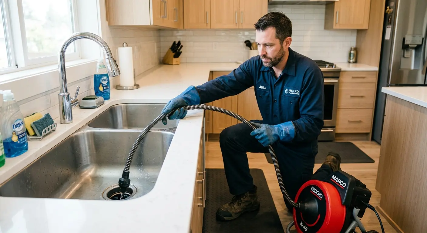 Drain cleaning technician using a motorized snake on a kitchen sink in New Hartford