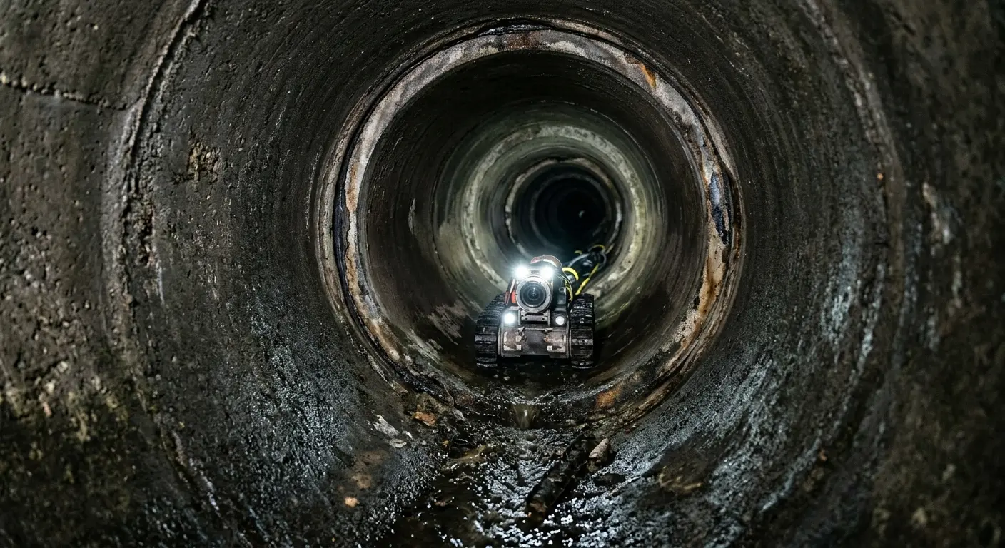 Robotic sewer camera inspecting pipe interior for Sewer Line Cleaning in New Hartford