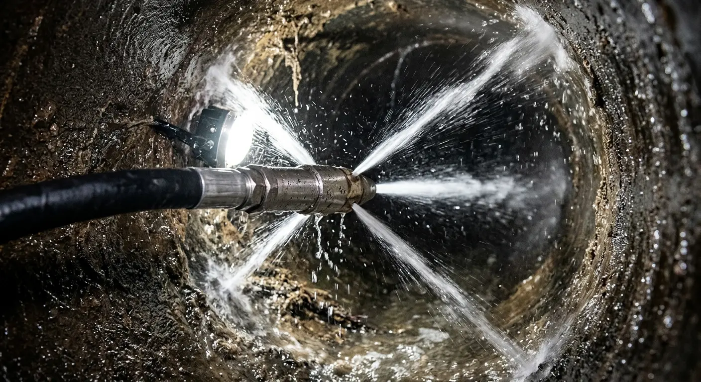 High-pressure hydro jetting nozzle cleaning sewer pipe for Storm Drain Cleaning in New Hartford