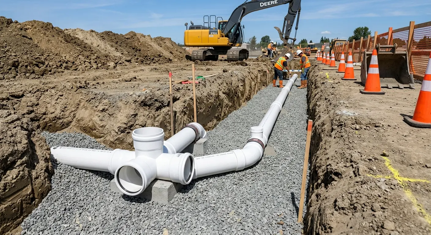 New PVC sewer pipe installation in open trench for Sewer Backup in New Hartford