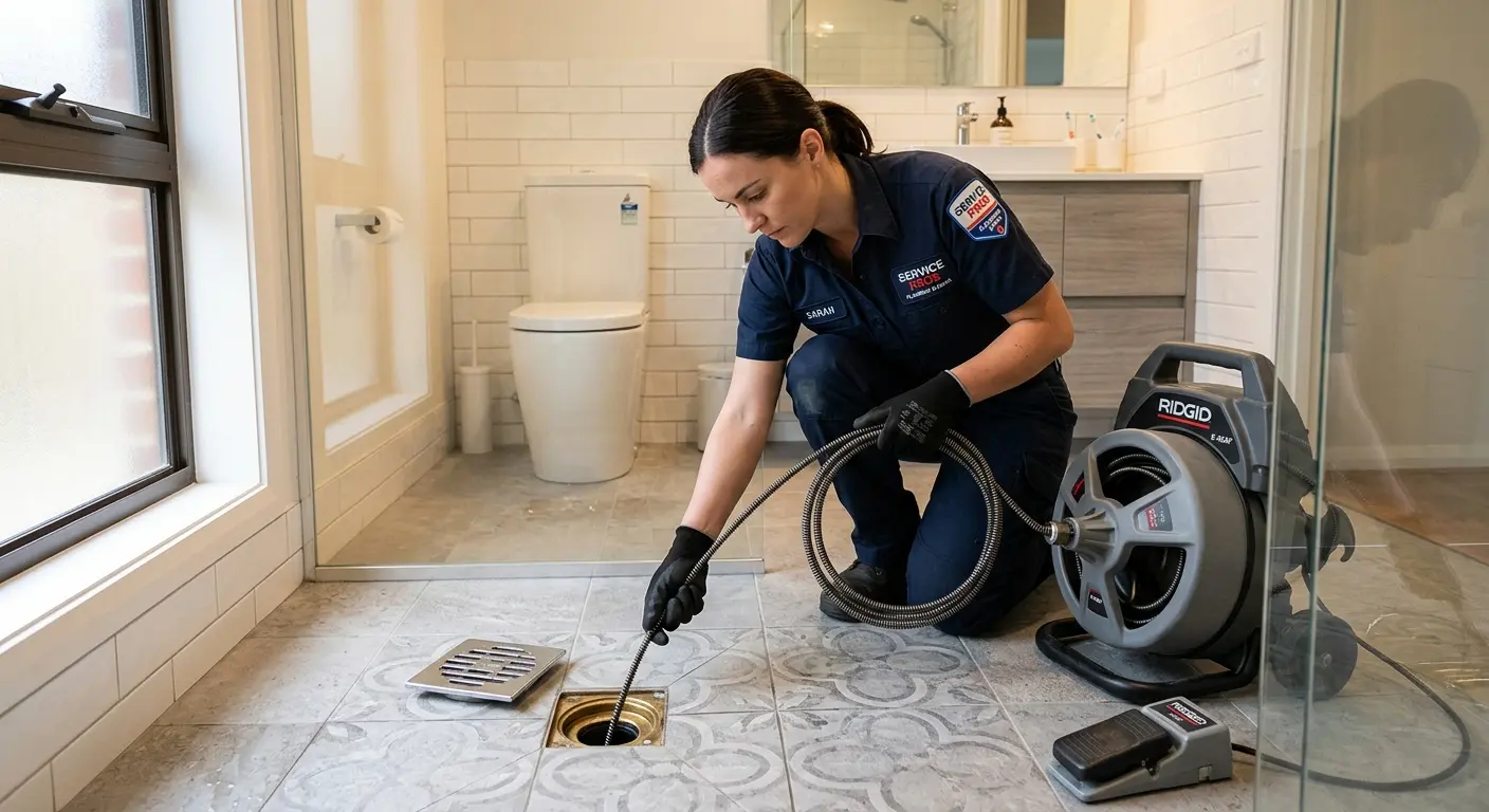 Technician clearing a bathroom floor drain for Hydro Jetting in New Hartford